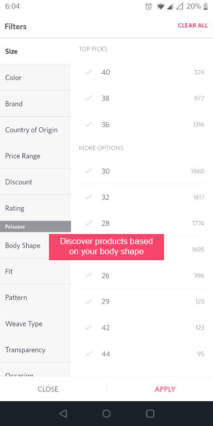 Different filters are available for the customers for personalized product results in an E-commerce app