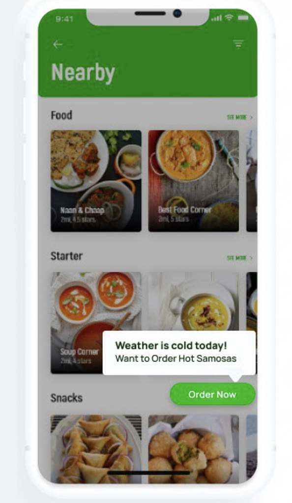 The food tech app Nearby is nudging the users into placing the order with a highly contextual nudge and interactive walkthroughs