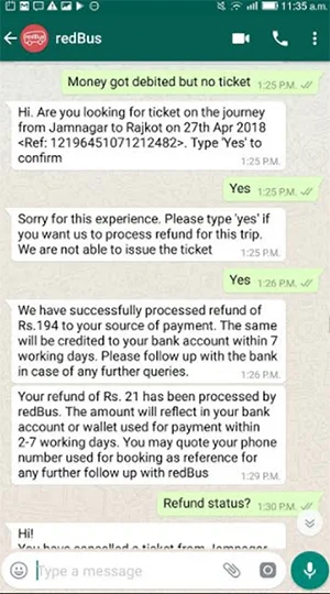 redBus-whatsapp-complaints-handling