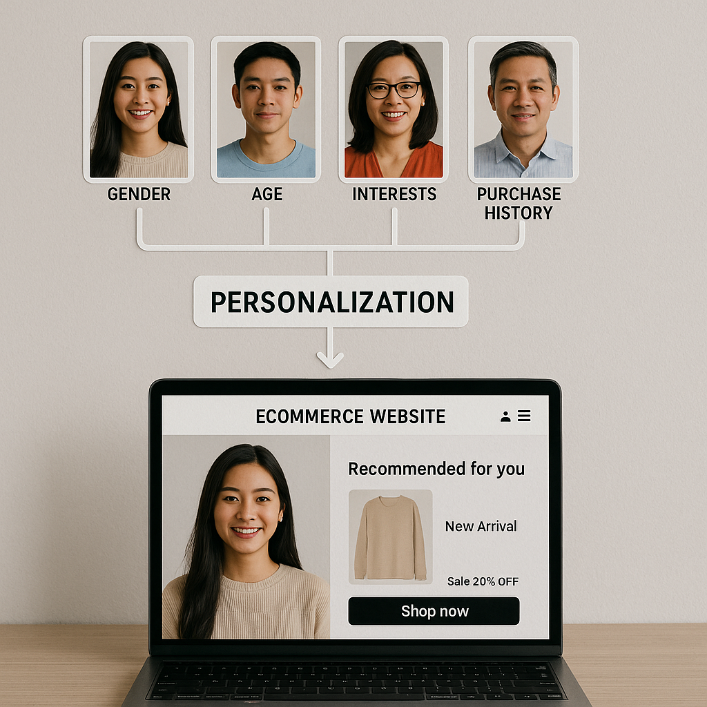 Audience segmentation and personalization in e-commerce showing different customer personas and personalized shopping experience
