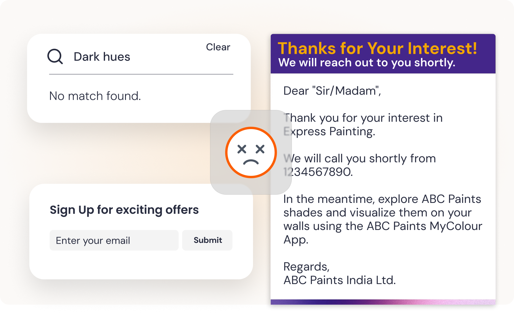 Paint service interfaces showing search functionality, email signup, and customer engagement flow