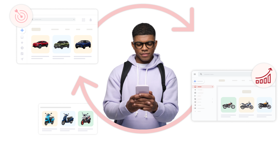 Young man using smartphone with automotive digital journey visualization - cars, scooters, and analytics dashboards