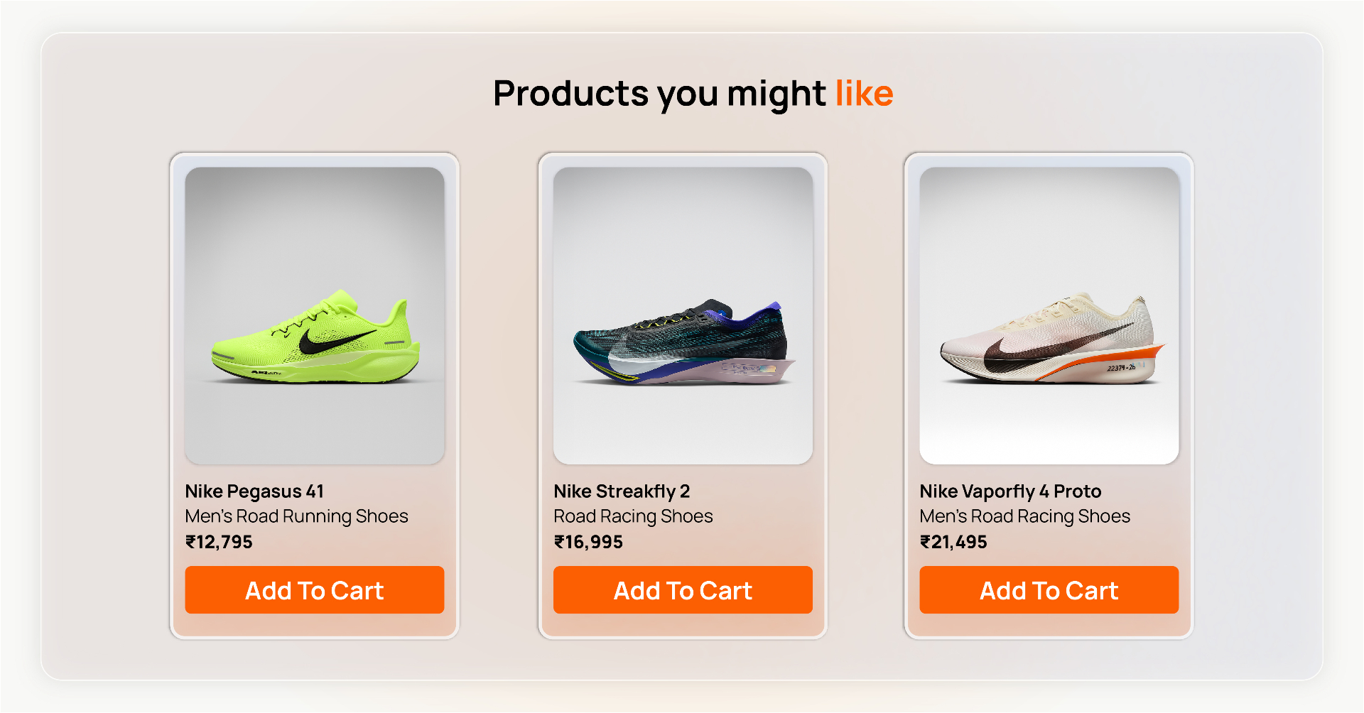 Product recommendations showing Nike shoes with prices and add to cart buttons