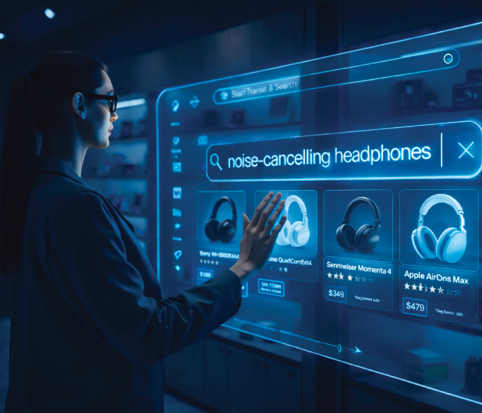 Woman searching for noise-cancelling headphones on futuristic AI-powered interface